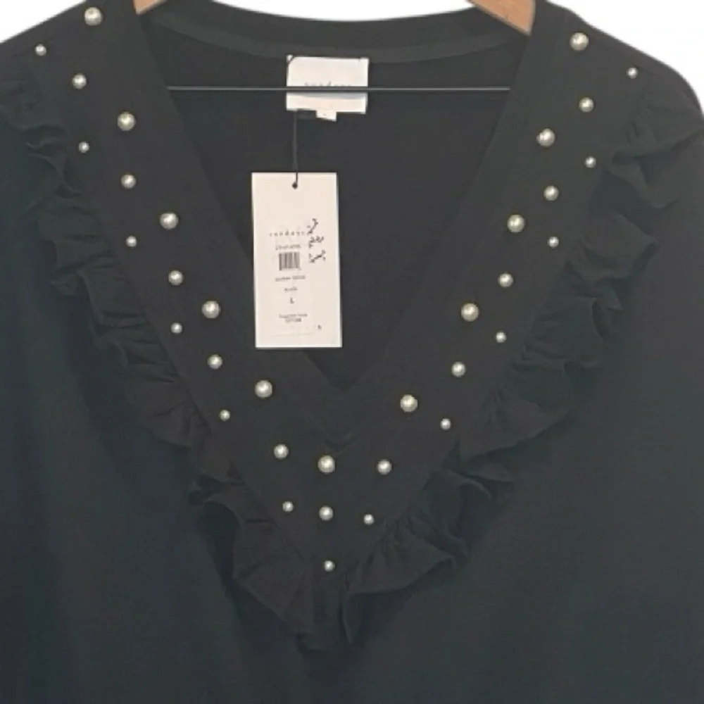 NWT Sundays Gemma Black Ruffle Mini Dress with Pearl Accents, Elastic Waist, XL - Picture 11 of 16